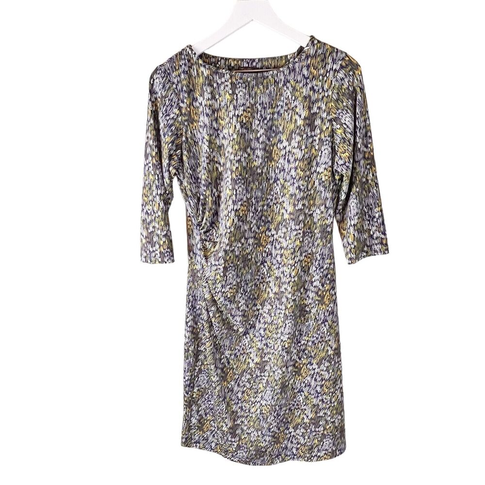 J. McLaughlin Blue Yellow Dres Catalina Cloth Ruched 3/4 Sleeve Sheath Medium